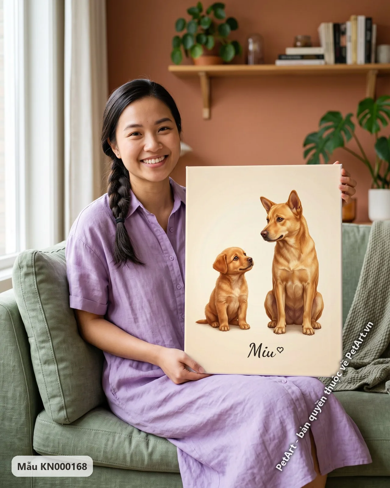 Ảnh thực tế: Chó con ta vàng ngồi nhìn lên chó ta vàng trưởng thành, trên nền màu kem ấm áp.