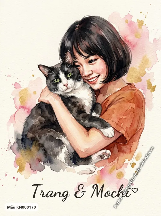 Cô gái ôm mèo bò sữa, khoảnh khắc hạnh phúc · ảnh tranh