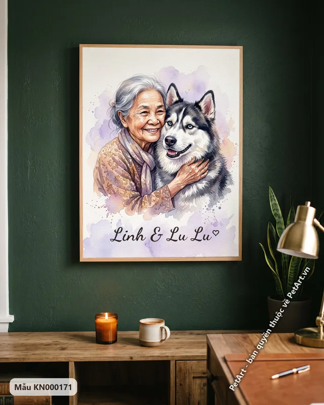 Bà ôm Husky mắt xanh, khoảnh khắc yêu thương · ảnh thực tế