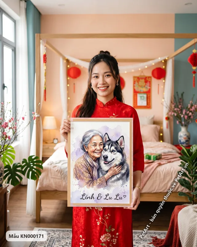 Bà ôm Husky mắt xanh, khoảnh khắc yêu thương · góc khác