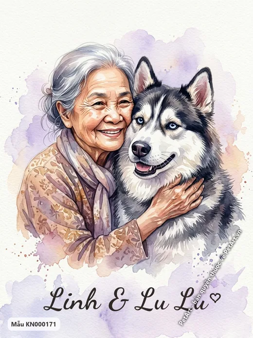 Bà ôm Husky mắt xanh, khoảnh khắc yêu thương · ảnh tranh