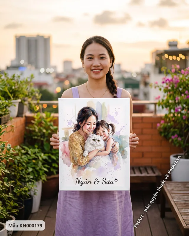 Mẹ và bé ôm mèo Ba Tư trắng, hạnh phúc · góc khác