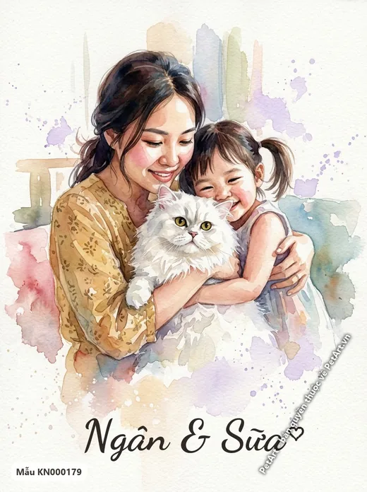 Mẹ và bé ôm mèo Ba Tư trắng, hạnh phúc · ảnh tranh