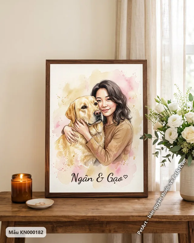 Cô gái ôm Labrador vàng, khoảnh khắc dịu dàng · góc khác