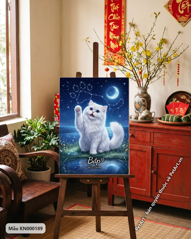 Mèo Ba Tư trắng vẫy tay, tranh bầu trời sao · ảnh thực tế