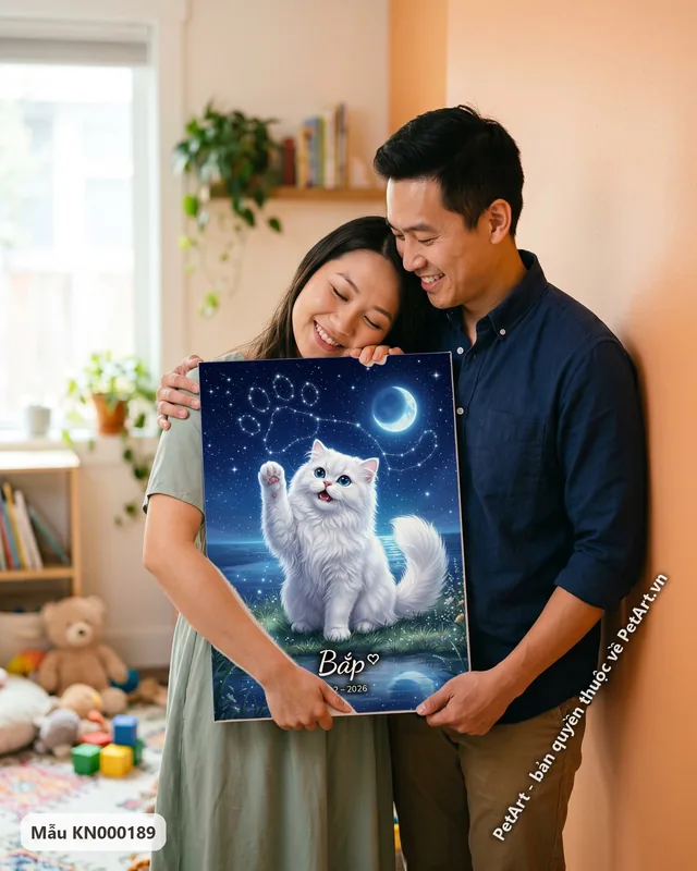 Mèo Ba Tư trắng vẫy tay, tranh bầu trời sao · góc khác