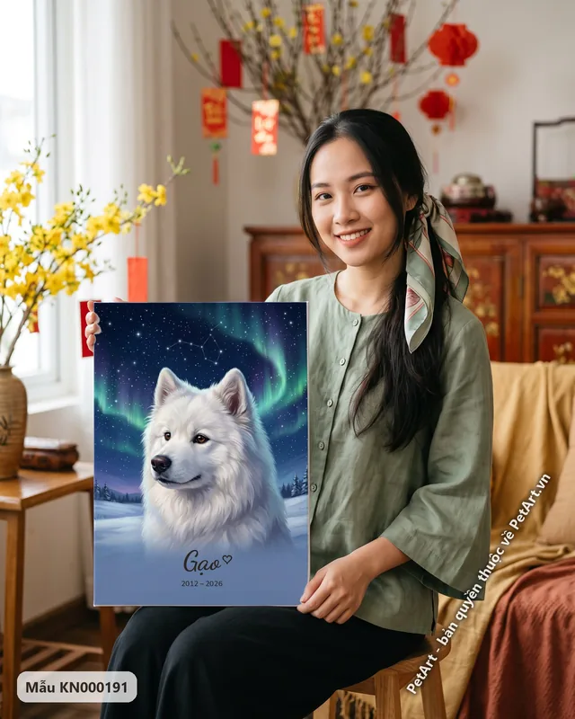 Chó Samoyed trắng, tranh bầu trời sao cực quang · góc khác