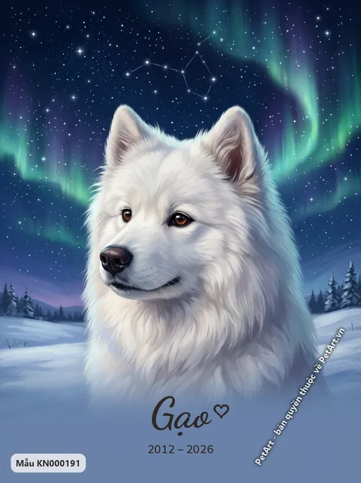 Chó Samoyed trắng, tranh bầu trời sao cực quang · ảnh tranh