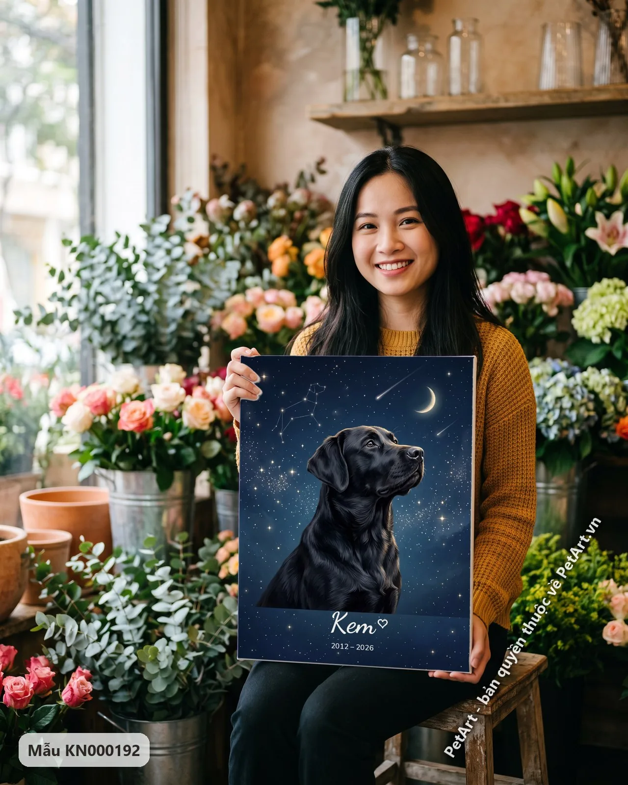 Ảnh thực tế: Chú chó Labrador đen ngồi ngẩng đầu nhìn lên bầu trời đêm đầy sao, trăng khuyết và sao băng.