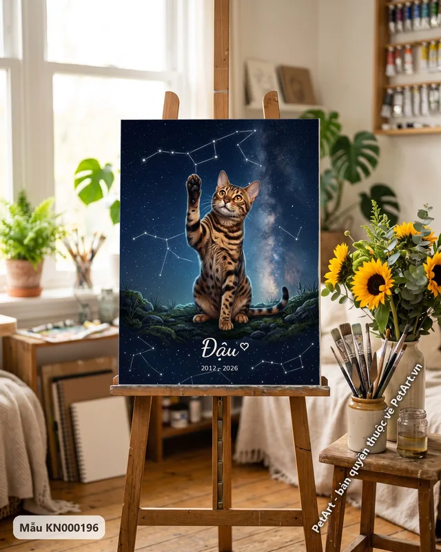 Mèo Bengal ngồi, giơ chân, bầu trời sao · góc khác