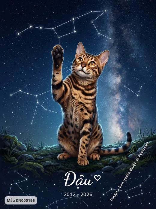 Mèo Bengal ngồi, giơ chân, bầu trời sao · ảnh tranh