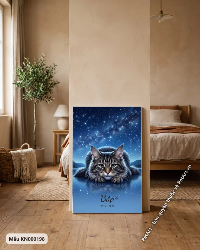 Mèo Maine Coon nằm, bầu trời sao, hồ nước · góc khác