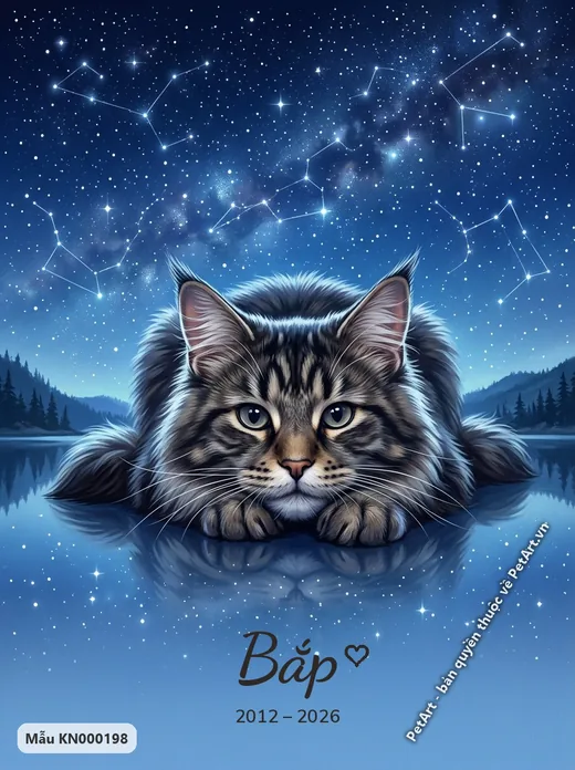 Mèo Maine Coon nằm, bầu trời sao, hồ nước · ảnh tranh