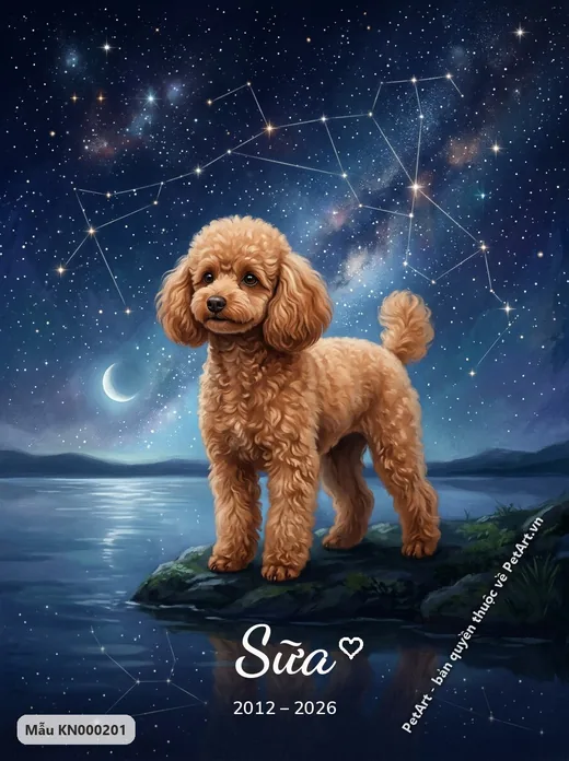 Poodle đứng bên hồ dưới trời sao kỷ niệm · ảnh tranh