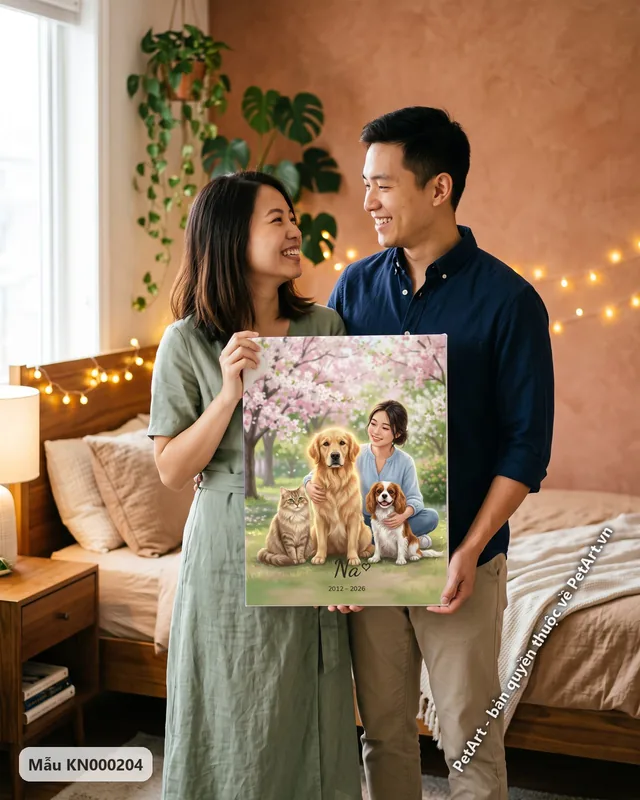 Cô gái cùng Golden, Spaniel, mèo dưới hoa anh đào · ảnh thực tế