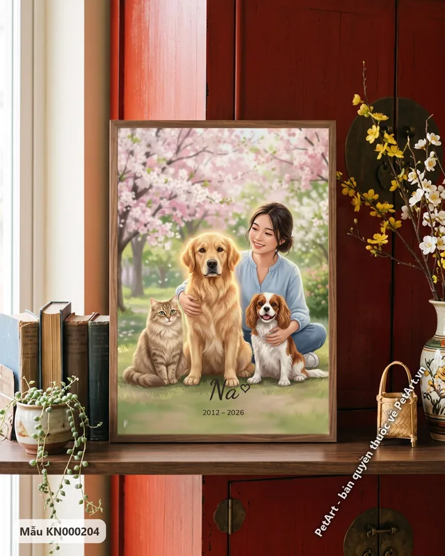 Cô gái cùng Golden, Spaniel, mèo dưới hoa anh đào · góc khác