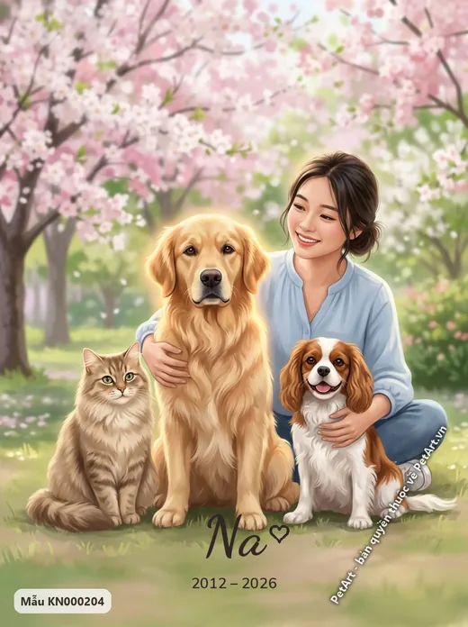 Cô gái cùng Golden, Spaniel, mèo dưới hoa anh đào · ảnh tranh