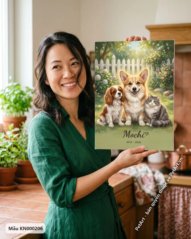 Corgi, Spaniel, mèo ngồi trong vườn hàng rào trắng · ảnh thực tế