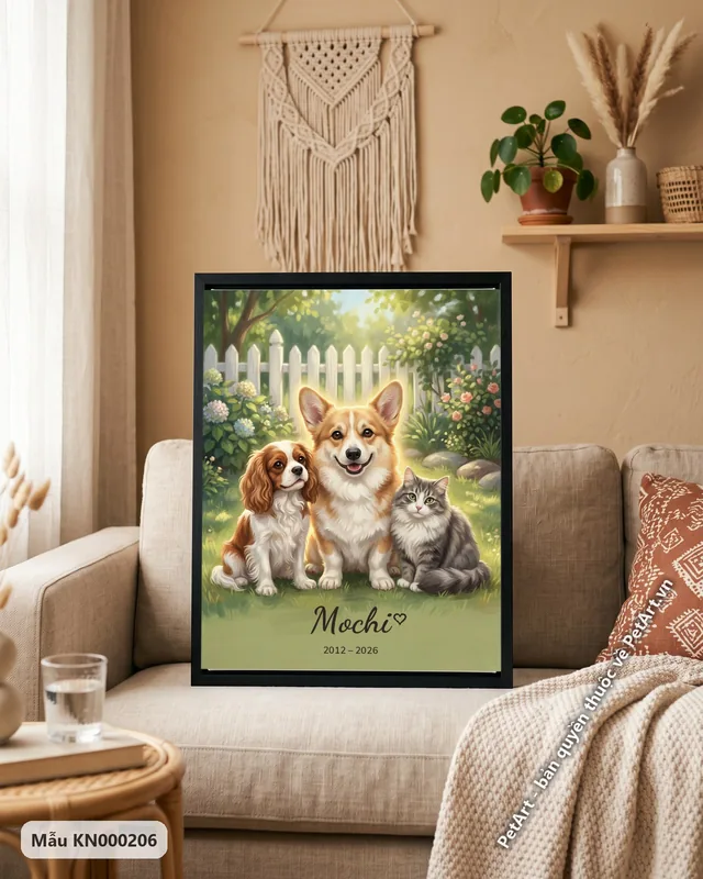 Corgi, Spaniel, mèo ngồi trong vườn hàng rào trắng · góc khác