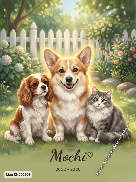 Corgi, Spaniel, mèo ngồi trong vườn hàng rào trắng · ảnh tranh
