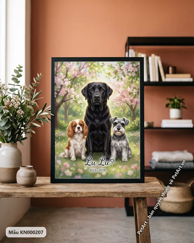 Labrador đen, Spaniel, Schnauzer dưới hoa anh đào · ảnh thực tế