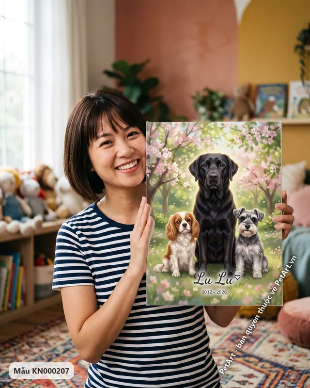 Labrador đen, Spaniel, Schnauzer dưới hoa anh đào · góc khác