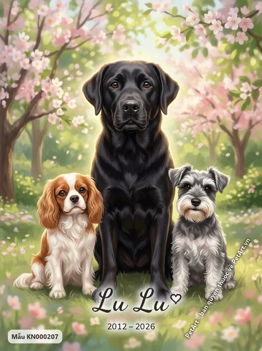 Labrador đen, Spaniel, Schnauzer dưới hoa anh đào · ảnh tranh