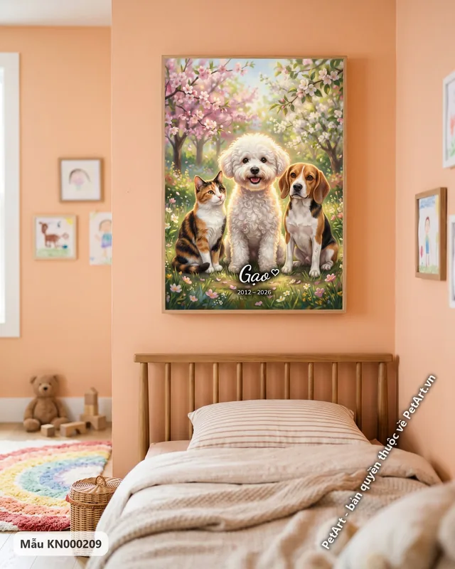 Bichon, mèo, Beagle trong vườn hoa anh đào · ảnh thực tế