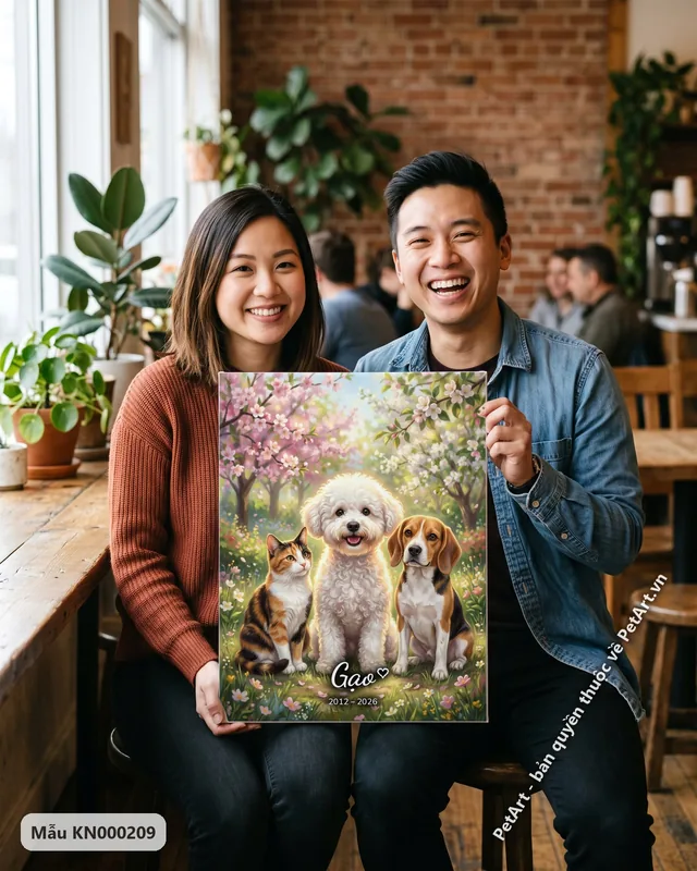 Bichon, mèo, Beagle trong vườn hoa anh đào · góc khác