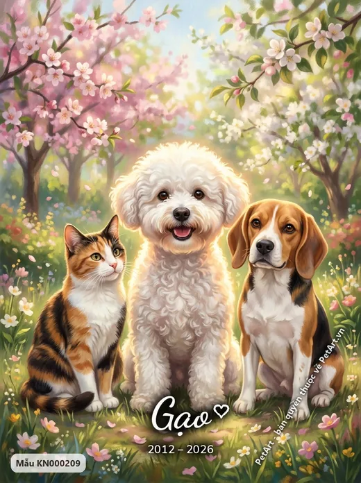 Bichon, mèo, Beagle trong vườn hoa anh đào · ảnh tranh