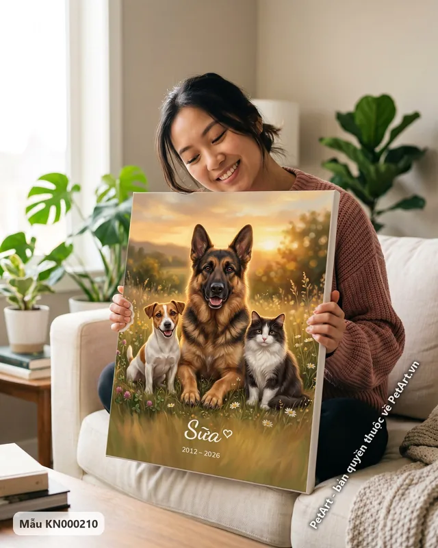 Becgie, Jack Russell, mèo trong hoàng hôn đồng cỏ · ảnh thực tế