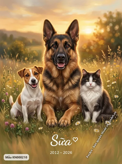 Becgie, Jack Russell, mèo trong hoàng hôn đồng cỏ · ảnh tranh