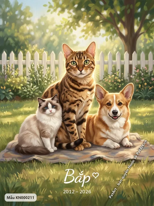 Mèo Bengal, Ragdoll, Corgi trong vườn xanh mát · ảnh tranh