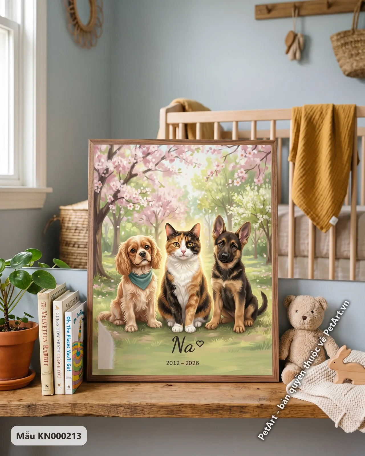Ảnh thực tế: Mèo tam thể đáng yêu cùng chó Cavalier và chó Becgie con ngồi giữa vườn hoa anh đào rực rỡ, cỏ xanh.
