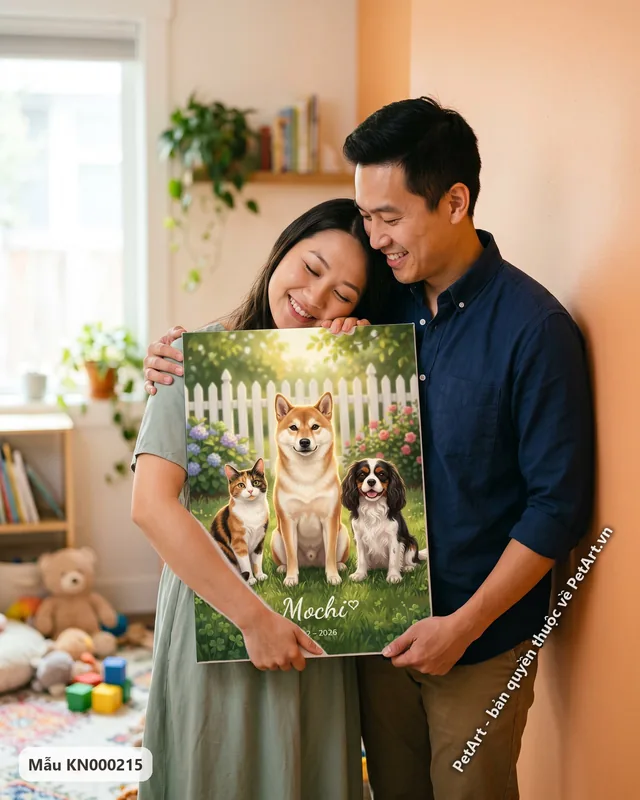 Shiba, mèo tam thể, Cavalier trong vườn hàng rào trắng · góc khác