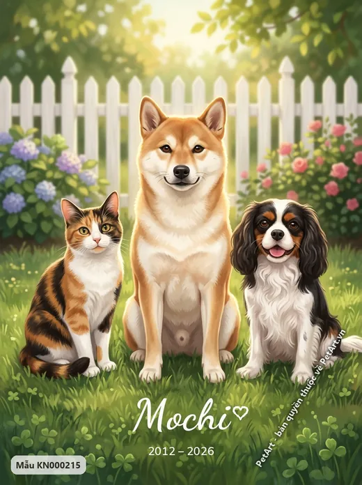 Shiba, mèo tam thể, Cavalier trong vườn hàng rào trắng · ảnh tranh