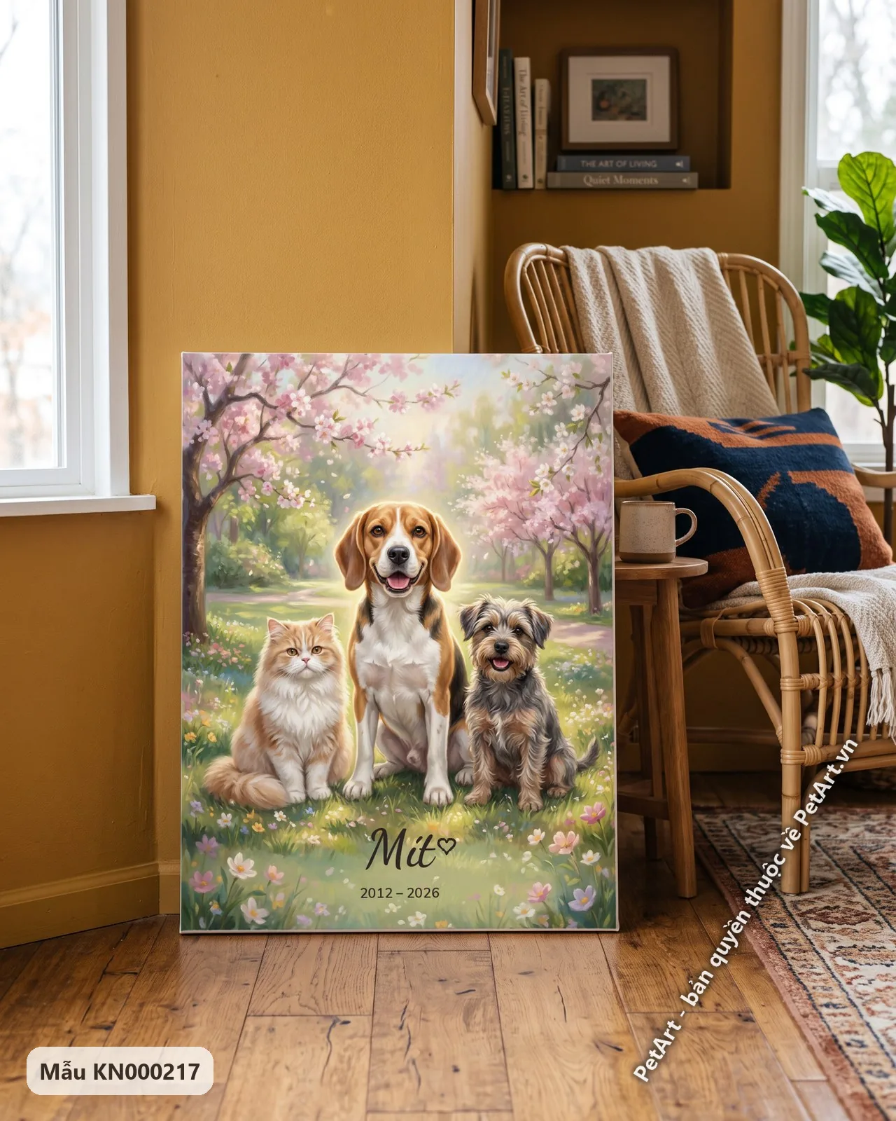 Ảnh thực tế: Ba thú cưng Beagle, mèo Ba Tư, Terrier ngồi giữa vườn hoa anh đào hồng rực rỡ, ánh nắng dịu dàng.