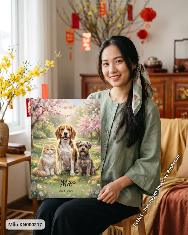 Beagle, mèo Ba Tư, Terrier đoàn tụ trong vườn hoa · góc khác