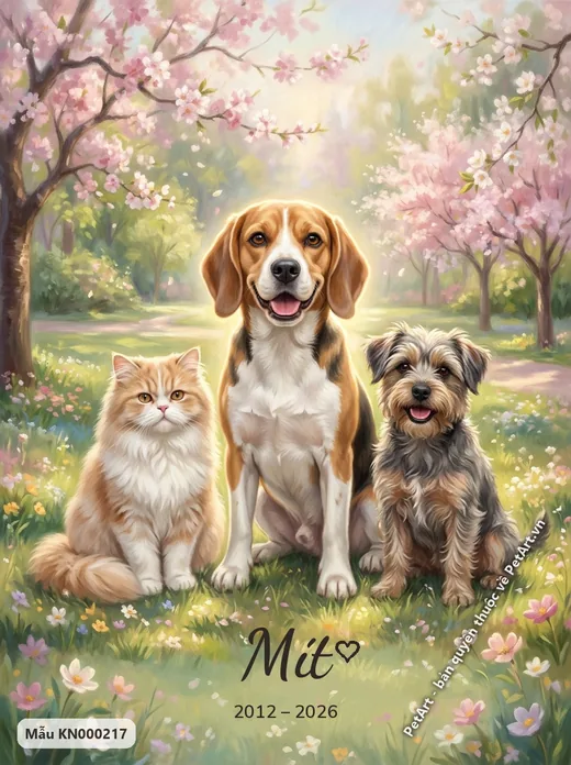 Beagle, mèo Ba Tư, Terrier đoàn tụ trong vườn hoa · ảnh tranh