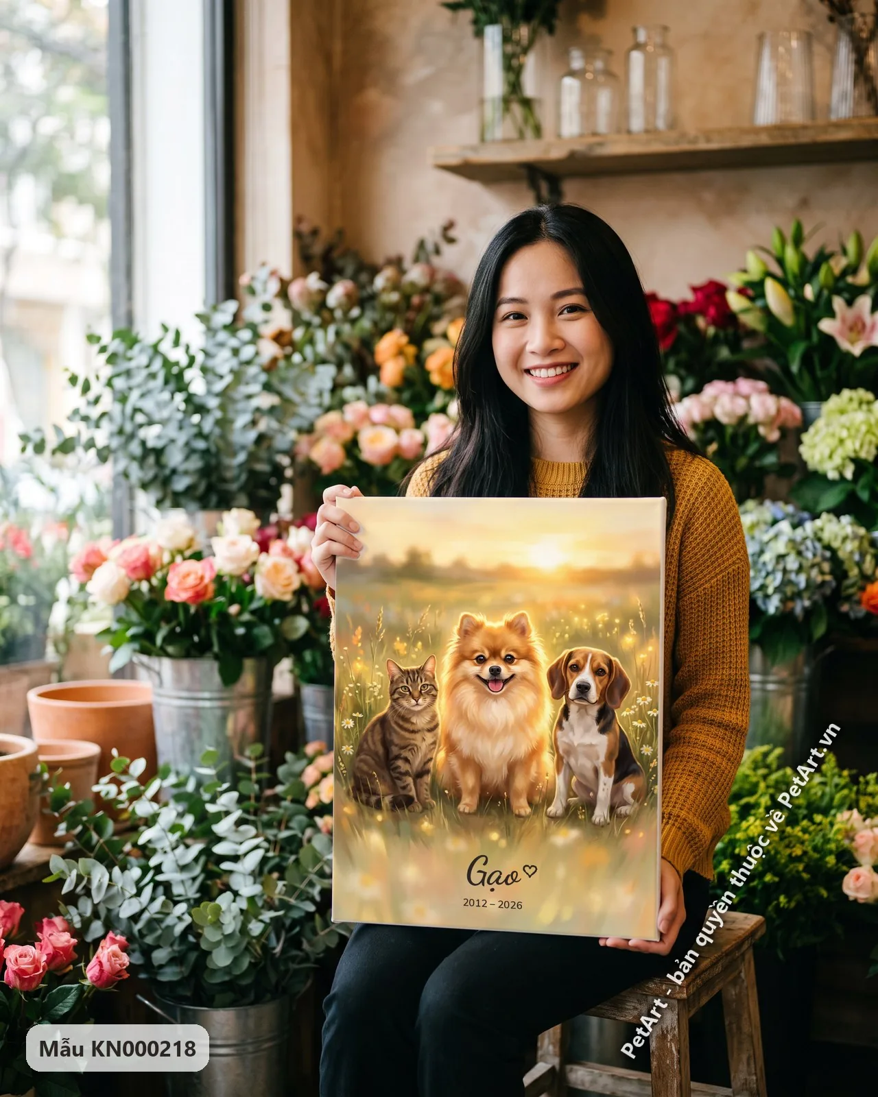 Ảnh thực tế: Mèo Tabby, Phốc sóc, Beagle ngồi cạnh nhau trên cánh đồng hoa vàng rực rỡ dưới ánh hoàng hôn ấm áp.