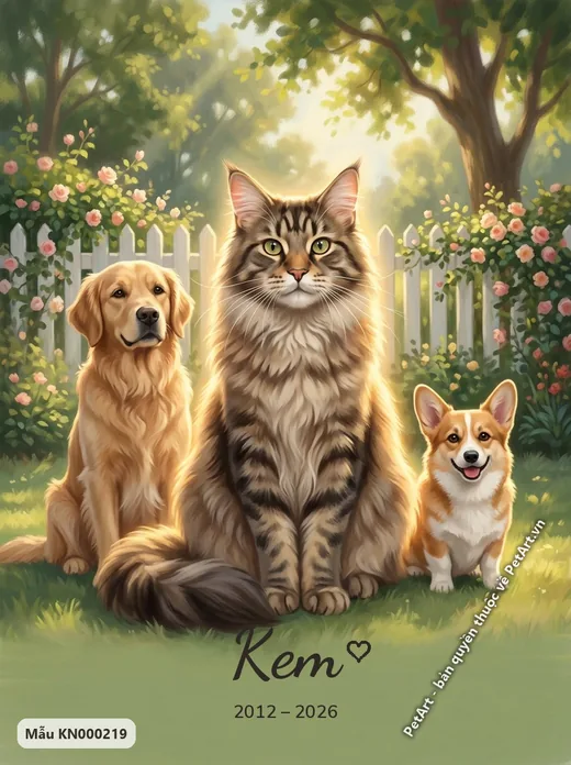 Mèo Maine Coon, Golden Retriever, Corgi đoàn tụ sân vườn · ảnh tranh