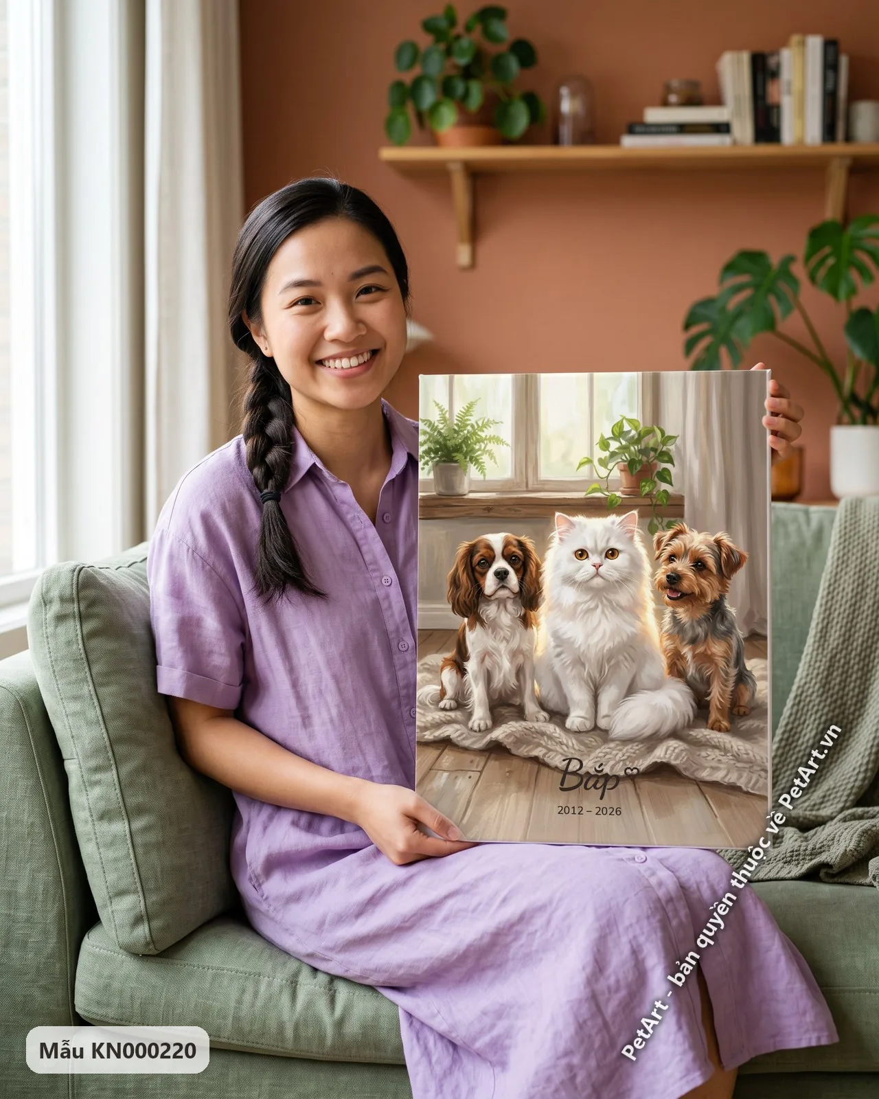 Ảnh thực tế: Mèo Ba Tư trắng, Cavalier, Yorkshire Terrier ngồi trên thảm len ấm áp cạnh cửa sổ, cây xanh tươi mát.