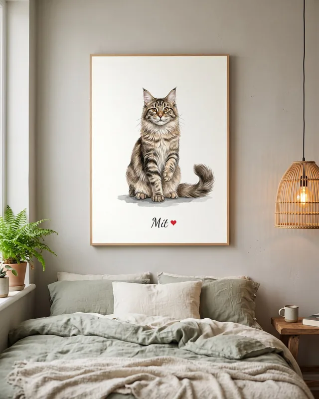Tranh bé ngồi nền trắng · mèo Maine Coon