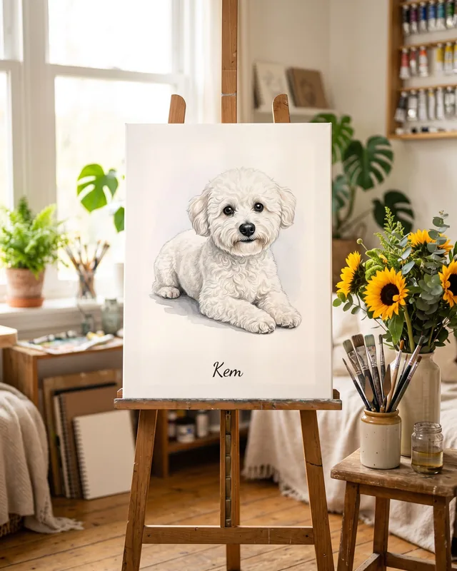 Tranh bé nằm nền trắng · Bichon