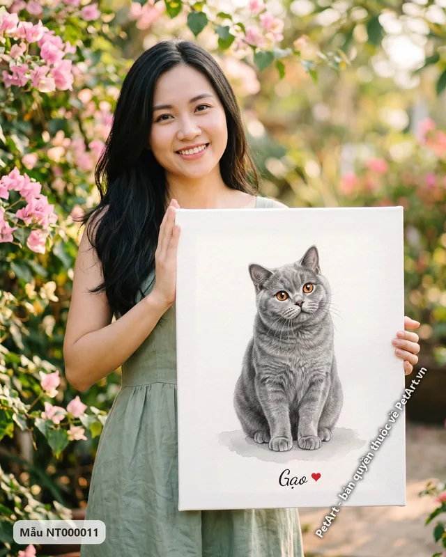 Tranh mèo Anh lông ngắn ngồi nền trắng · góc khác