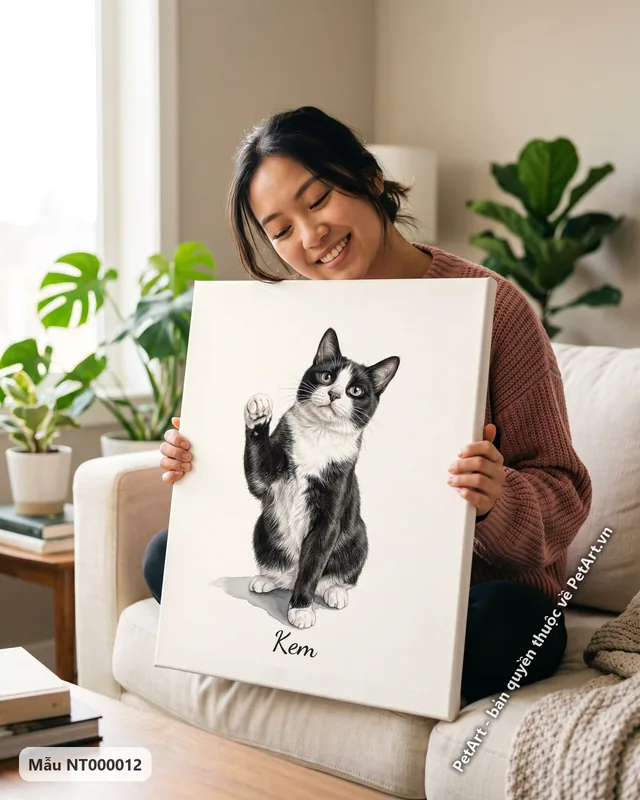 Tranh bé ngồi nền trắng · mèo bò sữa