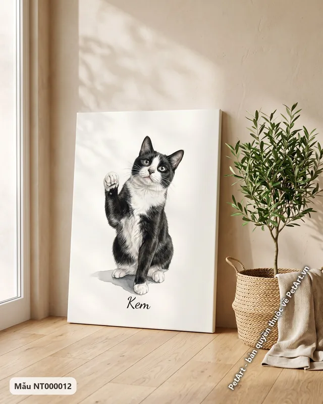 Tranh mèo bò sữa ngồi giơ chân · góc khác