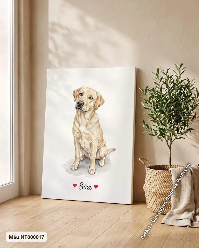 Tranh bé ngồi nền trắng · chó ta vàng