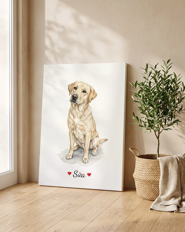 Tranh bé ngồi nền trắng · chó ta vàng