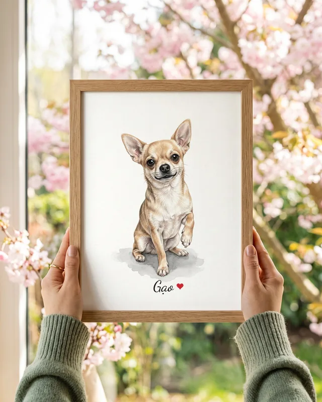 Tranh bé ngồi nền trắng · Chihuahua